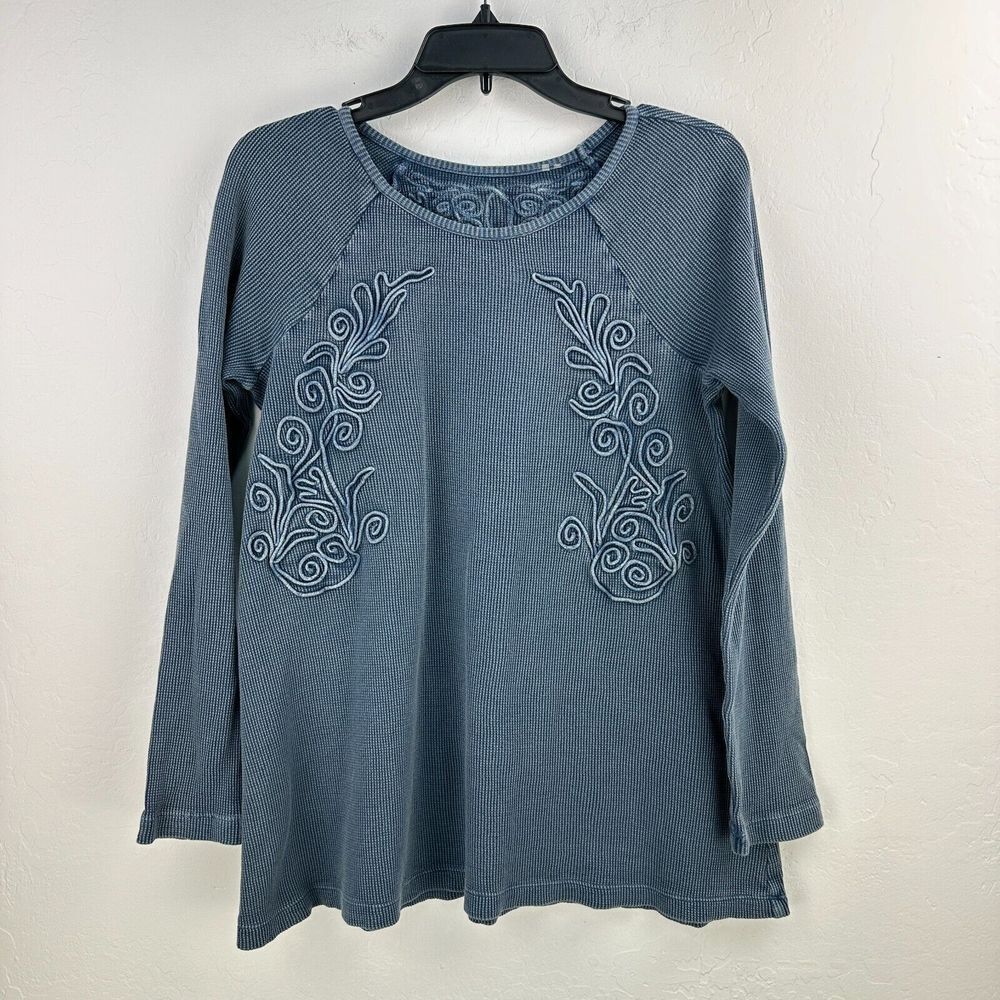 Waffle Knit Top Womens Blue 100% Cotton Applique Floral Raglan Sleeve Boho‎